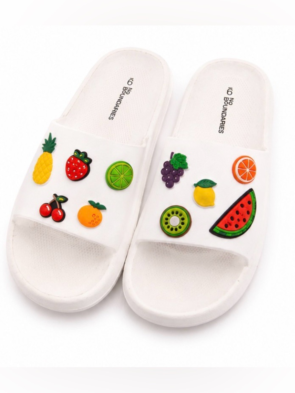 No Boundaries White  Fruit Charm Slide Sandals with Colorful Fruit Accents